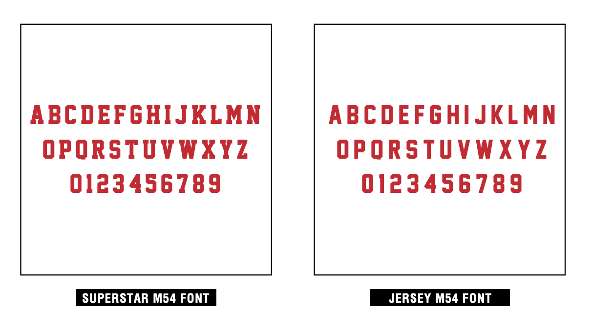 Examples of what the two typefaces look like. On the left is an A-Z representation for Superstar, on the right is an A-Z representation of Jersey. 